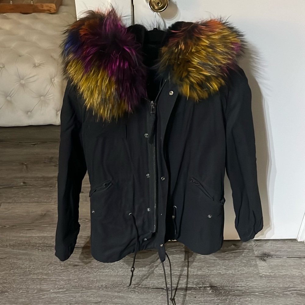CUSTOM MADE BLACK  cargo jacket with colored fur hood and black fur inside